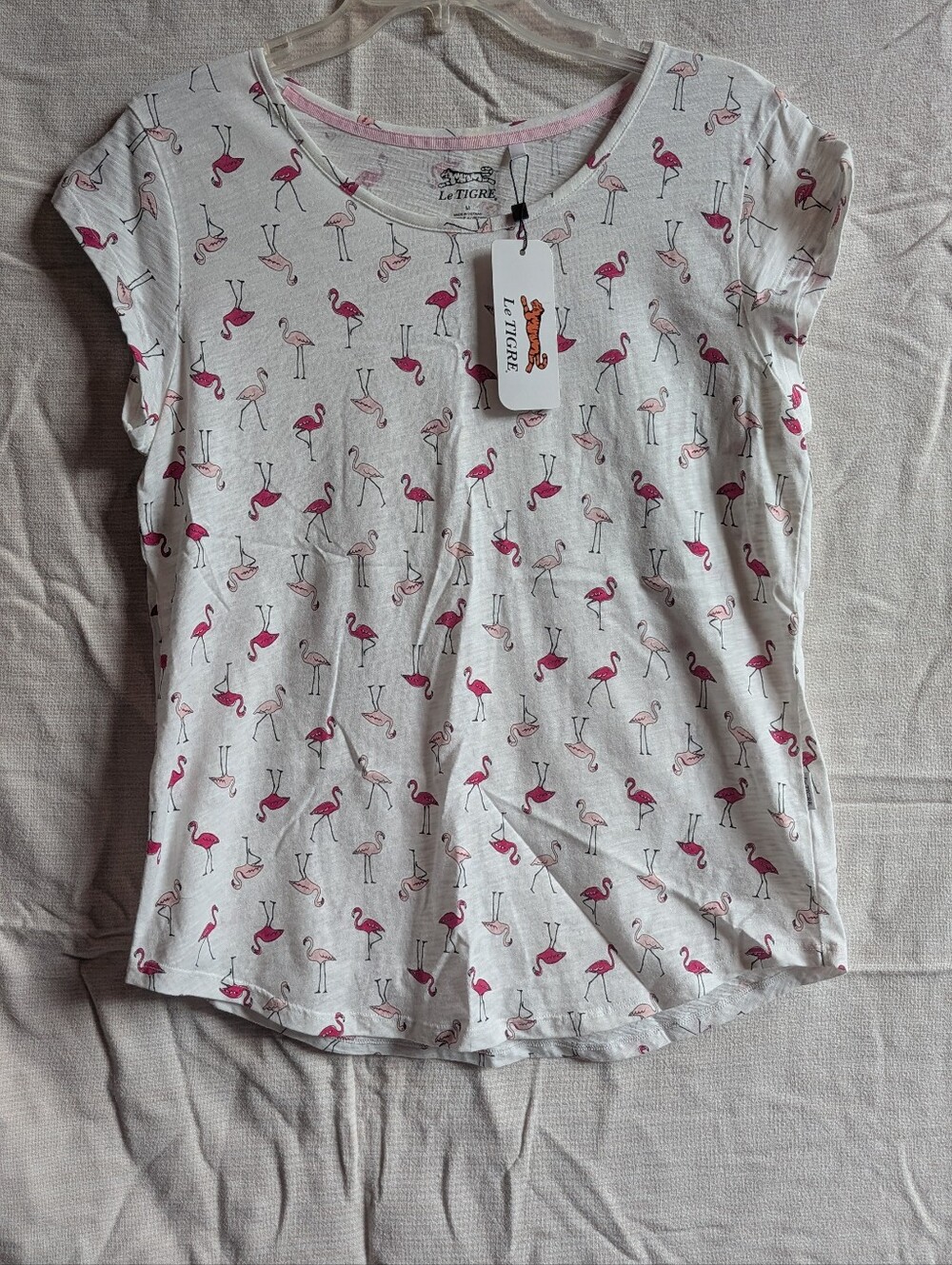 Le Tigre White Short-Sleeve Tee with Pink Flamingo Print